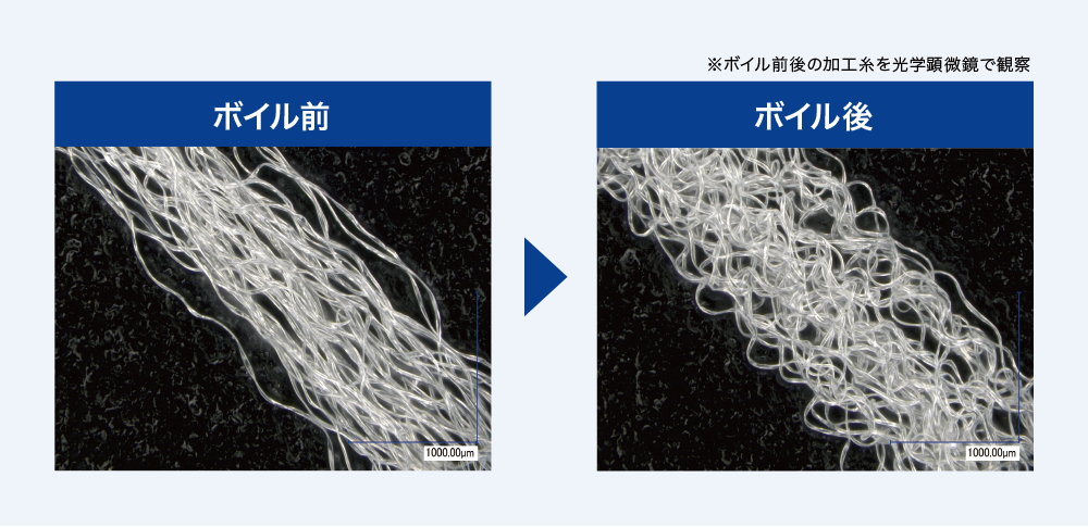 ボイル前/ボイル後 ※ボイル前後の加工糸を化学顕微鏡で観察